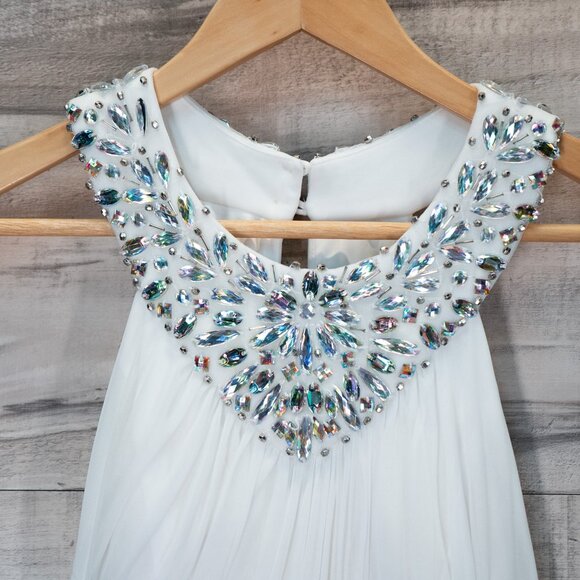 Sequin Hearts White Formal Dress Iridescent Jewels at Neckline & Uneven Skirt - Picture 2 of 9